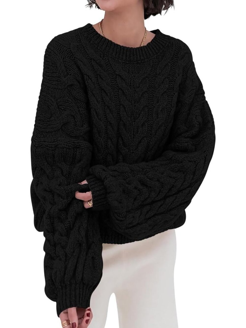 Women's Black Cable Knit Long Sleeve Crewneck Oversized Chunky Loose Sweaters